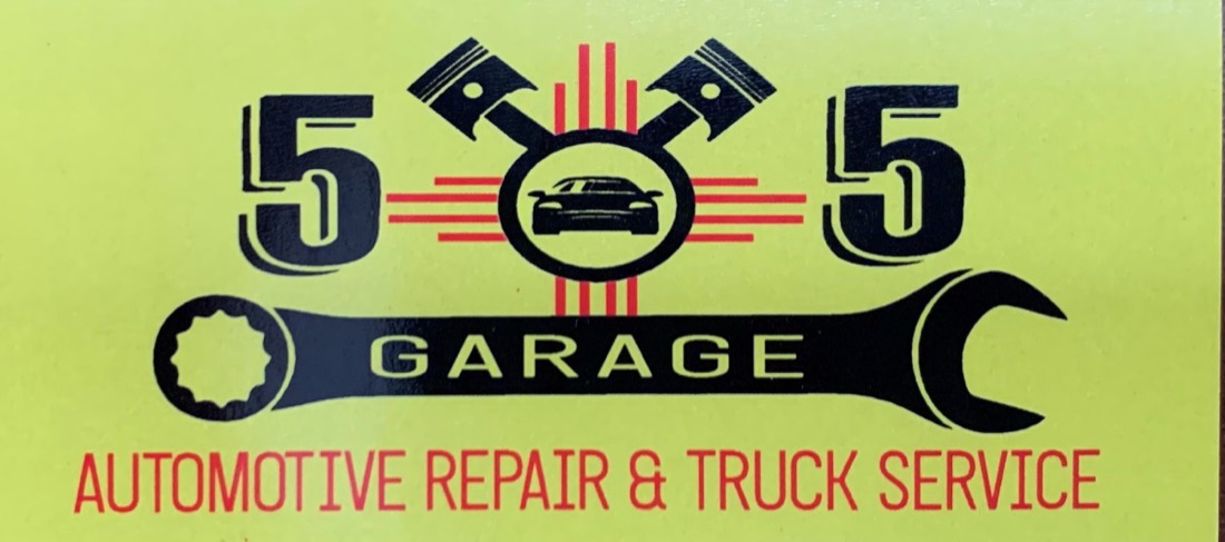 505 Garage Automotive Repair & Truck Service logo - New Mexico Zia sun, twin pistons, a wrench and a car silhouette